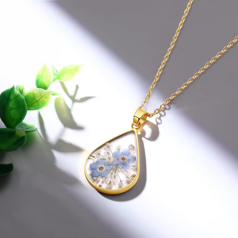 AUNTESIGN Store Forget-Me-Not and Queen Anne's Lace Pressed Wildflower Necklace | Birth Month Real Flower Necklace | Gold/Silver Pressed Flower Jewelry | Personalized Handmade Jewelry - Image 1